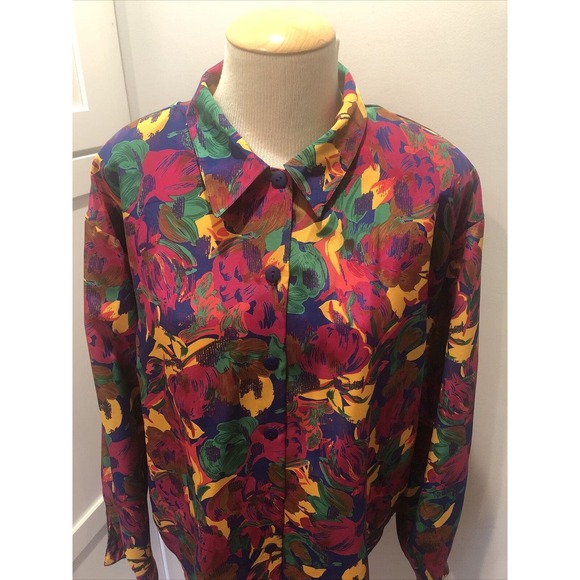 Vintage Button Down Blouse Vibrant Floral Long Sleeve Sz 16 FLAW - Picture 2 of 4